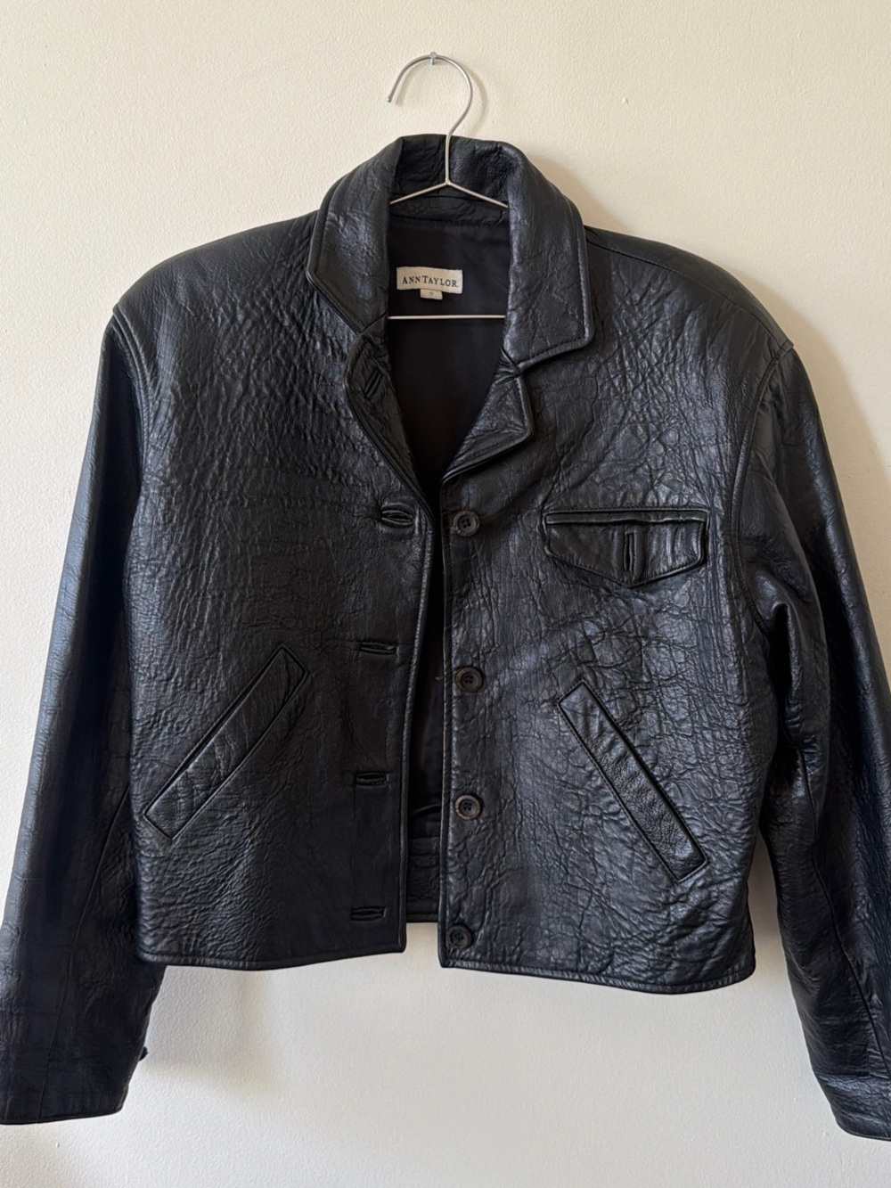 Vintage Ann Taylor Black Textured Leather Bomber Jacket